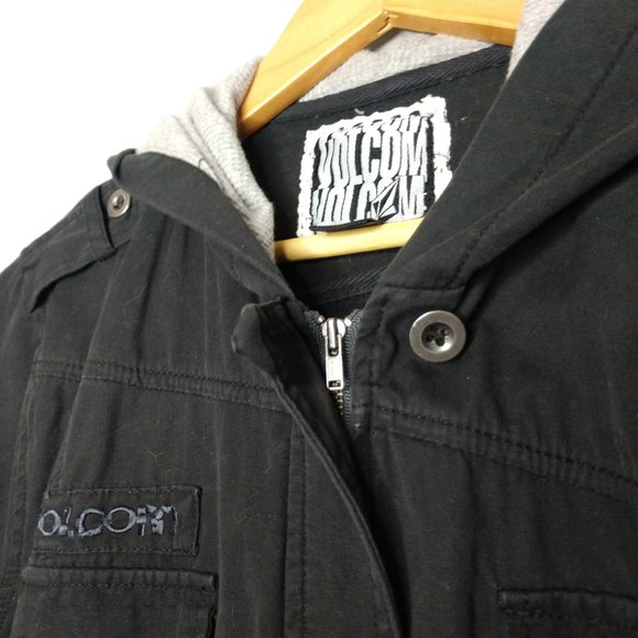 Volcom Juniors Large Black Zip Button Down Utility Jacket VTG Military Hoodie - Picture 6 of 8